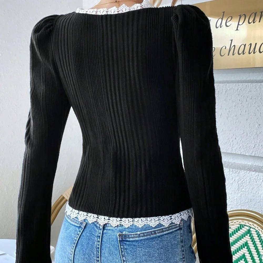 Black Preppy Womens Guipure Lace Trim Puff Sleeve Button Front Jacket - Picture 3 of 5